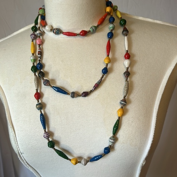 Hand Made Beaded Necklace Made out of Recycled Paper. Fair Trade. Long, 30 inch - Picture 1 of 7